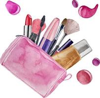 bolsa de cosméticos rosa aquarela com objetos de maquiador lipsti vetor