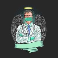 médico herói durante uma pandemia com asas e auréola vetor