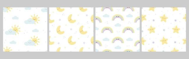 coleção de padrões sem emenda de crianças kawaii com estrela engraçada, arco-íris, sol e nuvem, lua. estampas fofas para capa de telefone, fundos, moda, papel de embrulho e têxteis. ilustração vetorial vetor