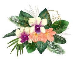 buquê de flores silvestres. buquês de folhas tropicais verdes e orquídeas de flores exóticas brilhantes, plumeria e clivia, clip-art floral tropical, ilustração isolada.