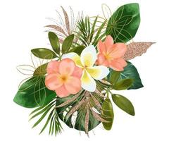 buquê de flores silvestres. buquês de folhas tropicais verdes e orquídeas de flores exóticas brilhantes, plumeria e clivia, clip-art floral tropical, ilustração isolada.