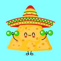 personagem de nachos engraçado bonito com halteres. vetor mão desenhada ícone de ilustração de personagem kawaii dos desenhos animados. isolado em fundo azul. conceito de ginásio de personagem nachos