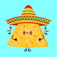 personagem de nachos triste bonito. vetor mão desenhada ícone de ilustração de personagem kawaii dos desenhos animados. isolado em fundo azul. conceito de personagem triste nachos