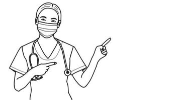 uma médica em uma máscara com um estetoscópio apontando com a mão no espaço da cópia. Isolado em um fundo branco. ilustrador vetorial. vetor