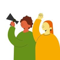 dois manifestantes com punhos erguidos e megafones em uma manifestação. ilustração vetorial plana de cor vetor
