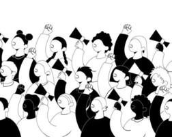 multidão de manifestantes com punhos no ar e megafones em uma manifestação. ilustração em vetor plano preto e branco