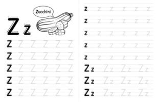 alfabetos abc que traçam o interior do livro para crianças. crianças escrevendo planilha com imagem. elementos vetoriais premium letra z. vetor