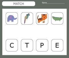 encontre a primeira letra dos animais e conecte. jogo educativo para crianças. vetor