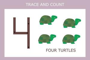 planilha número quatro traços com tartarugas para crianças de habilidades motoras finas. jogo educativo para pré-escolares. vetor