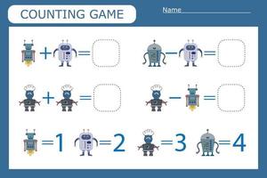jogo de contagem com robôs engraçados. planilha pré-escolar, planilha de atividades para crianças, planilha para impressão vetor