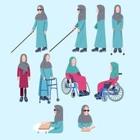 conjunto de personagem de mulher muçulmana com deficiência vetor