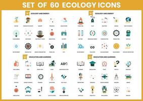 conjunto de 60 ícones de ecologia e educação vetor