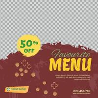 promoção de postagem de mídia social de menu favorito editável. banner quadrado ou modelo de cartaz para o seu negócio de restaurante de comida. vetor