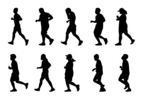 pessoas de silhueta correndo em fundo branco, estilo de vida homem e mulheres exercitam conjunto de vetores.