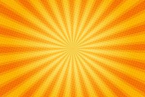 raios de sol estilo vintage retrô em fundo amarelo e laranja, padrão em quadrinhos com starburst e meio-tom. efeito de sunburst retrô dos desenhos animados com pontos. raios. ilustração vetorial de bandeira de verão.