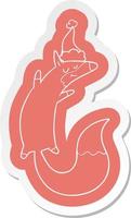 adesivo de desenho animado de uma raposa pulando usando chapéu de papai noel vetor