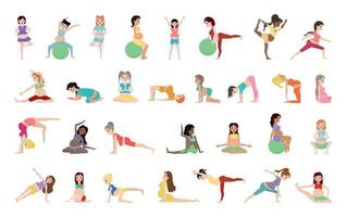 conjunto de mulheres grávidas em poses de ioga vetor