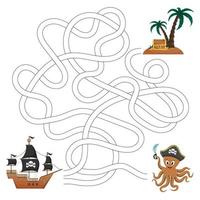 labirinto pirata com caça ao tesouro. ilustrações vetoriais para livros infantis. labirinto. um jogo educativo para crianças.