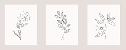 flores abstratas e folhas arte de linha desenhando cartaz natural arte de parede lona ilustração vetorial vetor