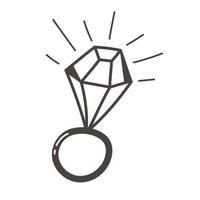 anel de casamento com um grande diamante em um fundo branco. imagem em preto e branco para design. ilustração vetorial isolada no estilo de doodle. jóias feitas de pedras preciosas. vetor