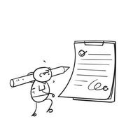 personagem desenhado à mão segurando a caneta com vetor de ilustração de documento de contrato