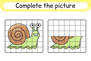 complete o caracol de imagem. copie a imagem e a cor. terminar a imagem. livro de colorir. jogo de exercício de desenho educacional para crianças vetor