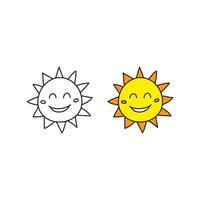 esboço de doodle e ícones de sol sorridente feliz colorido isolados no fundo branco. vetor