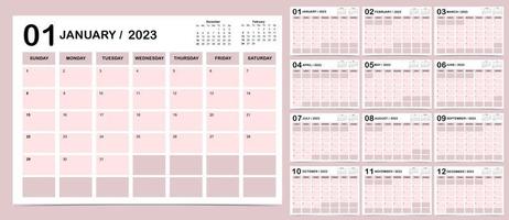 A semana do calendário de mesa 2023 começa no domingo com cores que usam para digital vertical e imprimível vetor