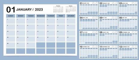 A semana do calendário de mesa 2023 começa no domingo com cores que usam para digital vertical e imprimível vetor