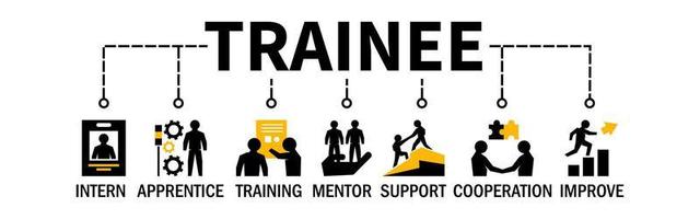 conceito de banner de estagiário com treinamento de cooperação de aprendiz estagiário melhorar ícones de mentor de suporte vetor