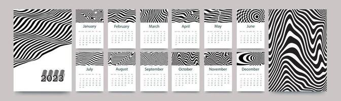 modelo de calendário para 2023. design vertical com linhas preto e brancas. modelo de página editável com ilustrações a4, conjunto de 12 meses com capas. ilustração vetorial.