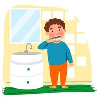 ilustrador de adobe um menino escova os dentes no banheiro. crianças é higiene. uma criança com uma escova de dentes. vetor