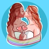 ilustração de casamento de dois amantes lésbicas se beijando. diversidade e casamento e relacionamento lgbtq. duas noivas abraçando e segurando um doce em forma de coração. bandeira do orgulho do arco-íris e fundo azul. vetor