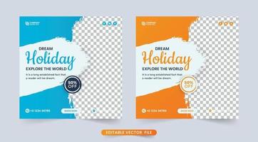 modelo de panfleto de negócios planejador de férias de férias. design de postagem de mídia social de turismo e viagem com cor amarela e azul. vetor de design de cartaz de negócios de agência de viagens. folheto de oferta de desconto de viagem.