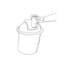 desenho de linha contínua mão jogando garrafa na ilustração do caixote do lixo vetor