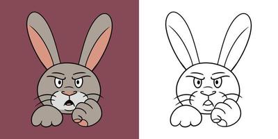 conjunto horizontal de fotos, coelho bravo mostra punho, ilustração vetorial em estilo cartoon para livro de colorir vetor