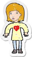 adesivo retrô angustiado de uma mulher de desenho animado vestindo camisa de coração vetor