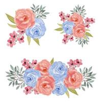 conjunto de buquê de flores em aquarela colorido rosa e azul rosa vetor