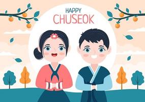 feliz dia de chuseok na coreia para ação de graças com pessoas no tradicional hanbok, lua cheia e paisagem do céu em ilustração plana dos desenhos animados vetor