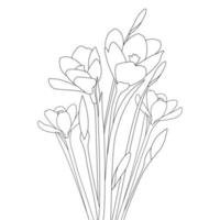 página de coloração de flor de açafrão e com design de arte de linha desenhada à mão de flor de açafrão em fundo preto vetor