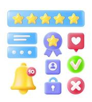 ícones de mídia social 3D. símbolos do marketing digital. como botão, índice de satisfação, balão de fala, sino de notificação. ícones vetoriais vetor