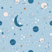 bonito padrão sem emenda com estrelas, lua e planetas sobre fundo azul. tema cósmico para crianças. ilustração vetorial colorida para chá de bebê, têxteis, roupas, papel de parede. vetor
