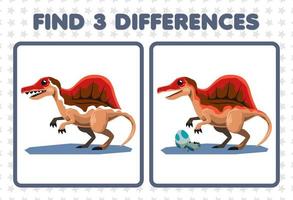 jogo de educação para crianças encontrar três diferenças entre dois spinosaurus dinossauros pré-históricos fofos vetor