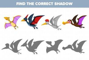 jogo de educação para crianças encontrar o conjunto de sombras correto de dinossauro voador pré-histórico bonito dos desenhos animados vetor