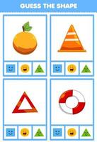 jogo de educação para crianças adivinhar a forma figuras geométricas e objetos círculo bóia salva-vidas laranja triângulo sinal de emergência planilha de cone de trânsito vetor