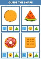 jogo de educação para crianças adivinhar a forma figuras geométricas e objetos quadrado waffle círculo biscoito rosquinha triângulo melancia fatia planilha vetor