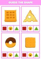 jogo de educação para crianças adivinhar a forma figuras geométricas e objetos quadrado biscoito waffle círculo donut triângulo queijo fatia planilha vetor