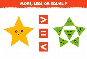 jogo de educação para crianças mais menos ou igual conte a quantidade de estrela e triângulo de forma geométrica de desenho animado fofo vetor