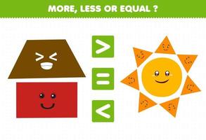 jogo de educação para crianças mais menos ou igual conte a quantidade de círculo de triângulo retângulo trapezoidal de forma geométrica de desenho animado fofo vetor