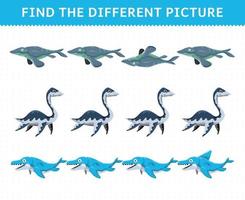 jogo de educação para crianças encontrar a imagem diferente em cada linha desenho animado dinossauro de água pré-histórico tylosaurus mosasaurus plesiosaur vetor